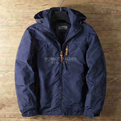 Garrett hooded jacket in navy, front view on a hanger