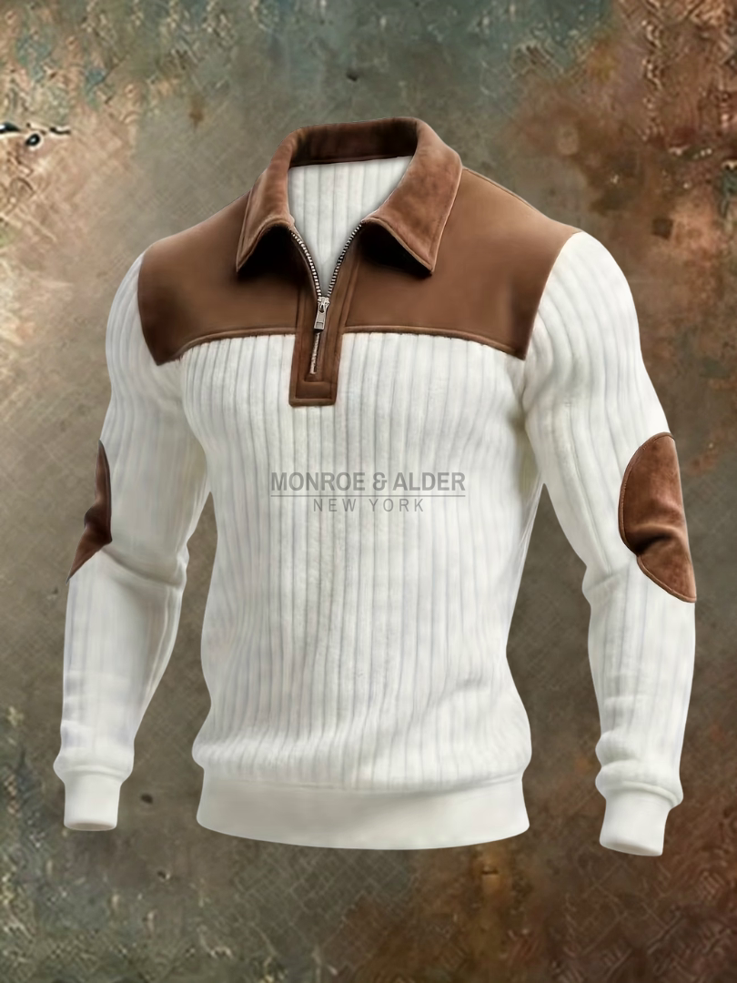 Graham half-zip sweater in white with suede-look shoulder, collar and elbow accents
