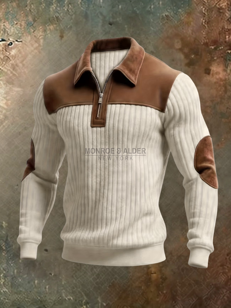Graham half-zip sweater in beige with suede-look shoulder, collar and elbow accents