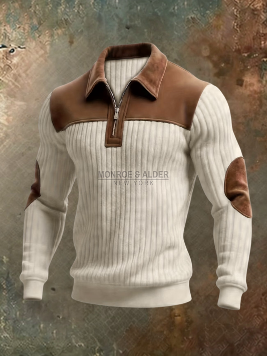 Graham half-zip sweater in beige with suede-look shoulder, collar and elbow accents