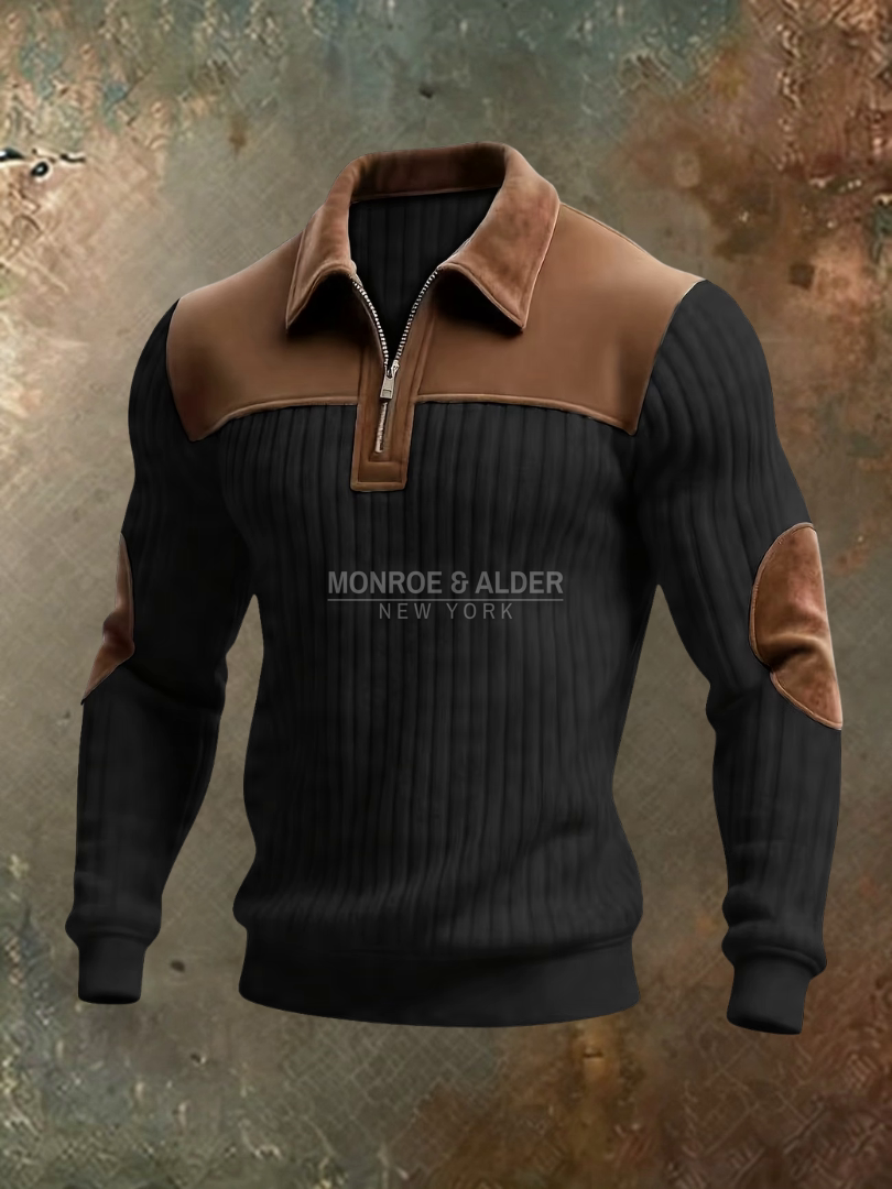 Graham half-zip sweater in black with suede-look shoulder, collar and elbow accents