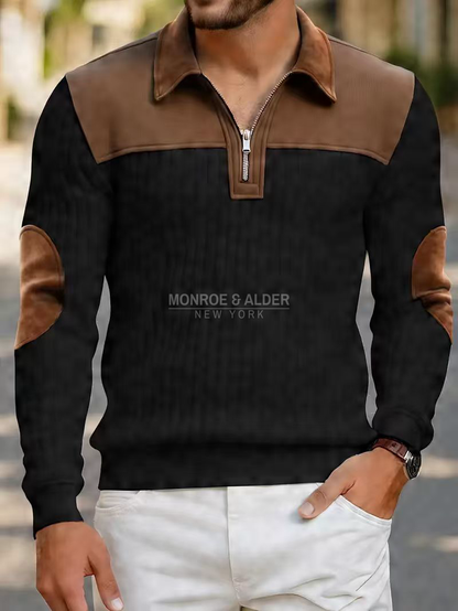 Graham half-zip sweater in black worn with white trousers
