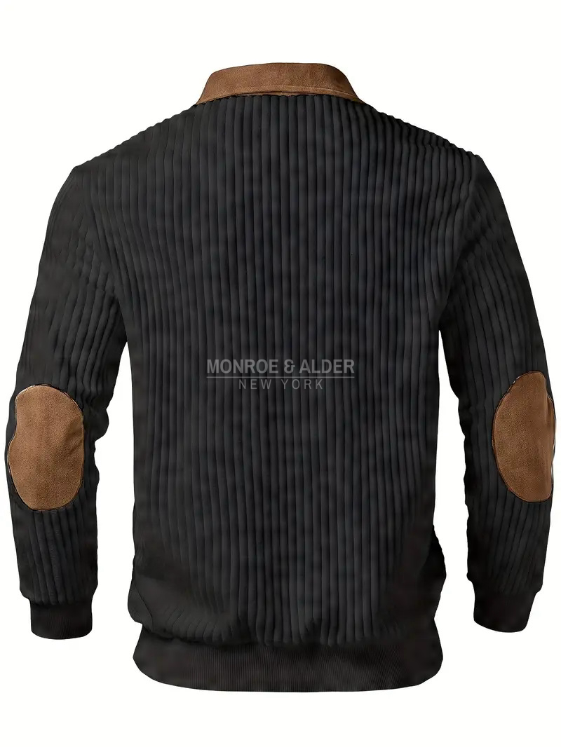 Back view of the Graham sweater in black with elbow patches