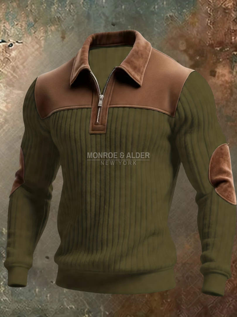 Graham half-zip sweater in olive green with suede-look shoulder, collar and elbow accents