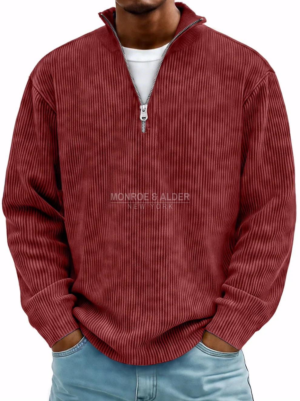 Grant ribbed zip-neck sweater in brick red