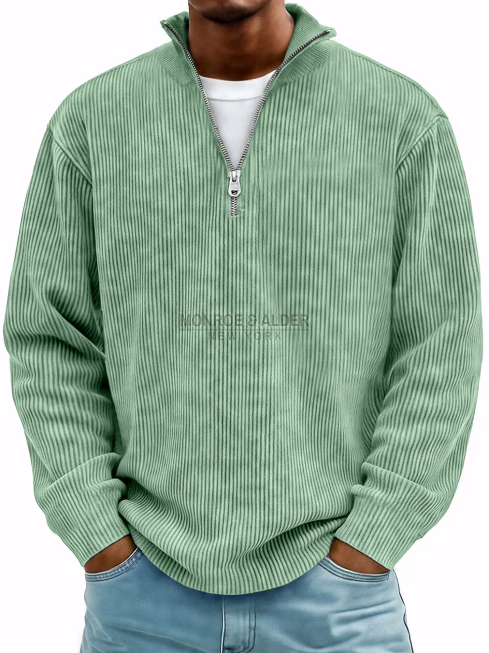 Grant ribbed zip-neck sweater in sage green