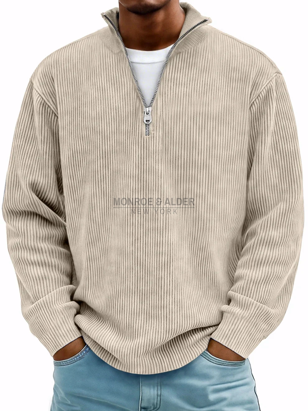 Grant ribbed zip-neck sweater in beige