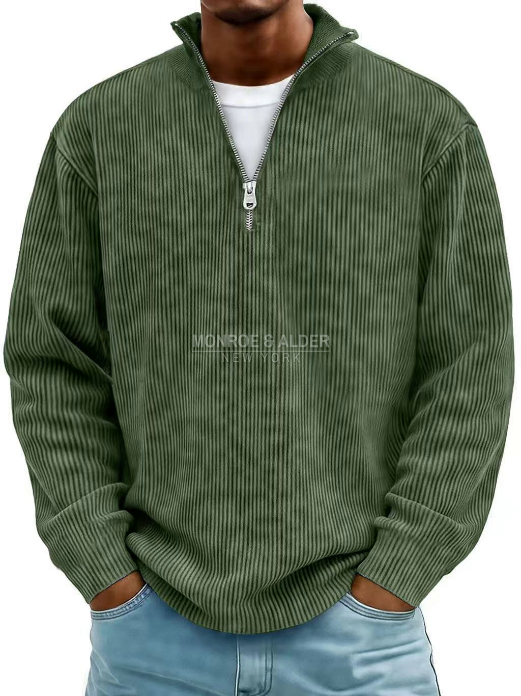 Grant ribbed zip-neck sweater in olive green