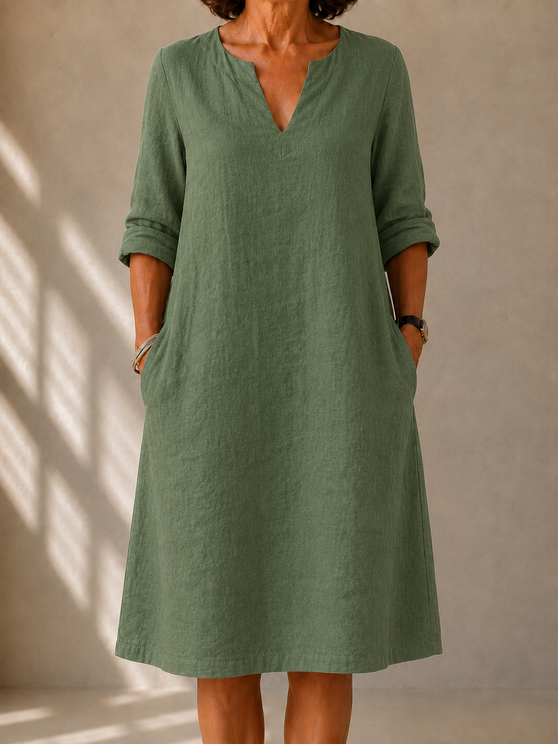 Alma dress in Sage Green, front view showing the split V-neck and rolled sleeves