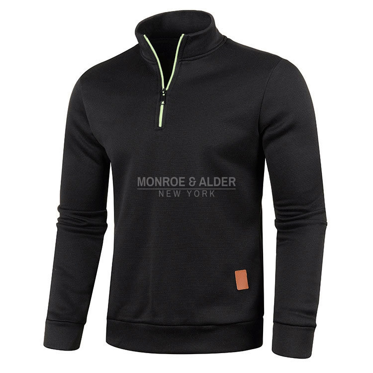 Harvey half-zip knit sweatshirt in Black, front with leather-look patch