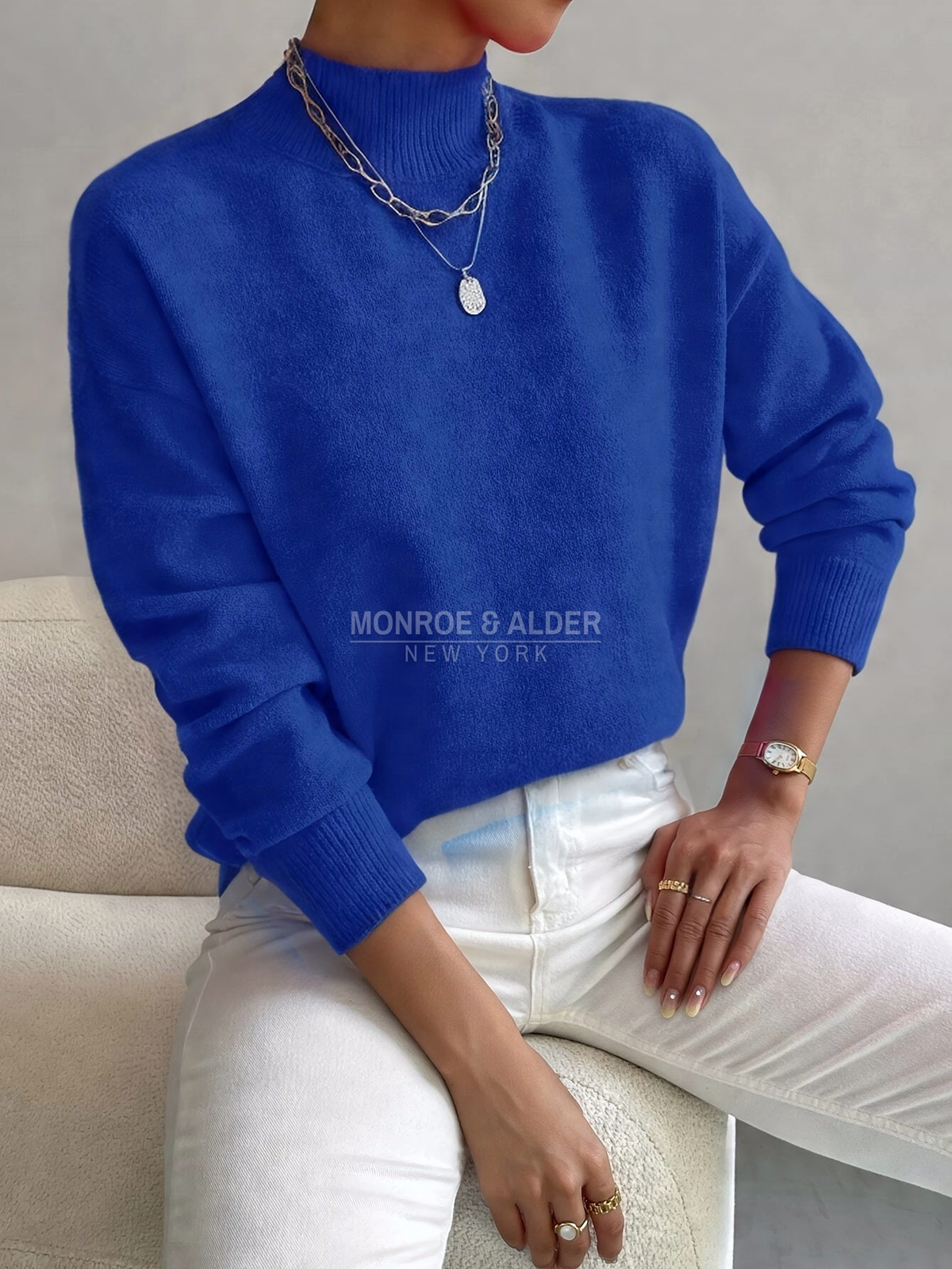 Helena soft mock neck sweater in cobalt blue