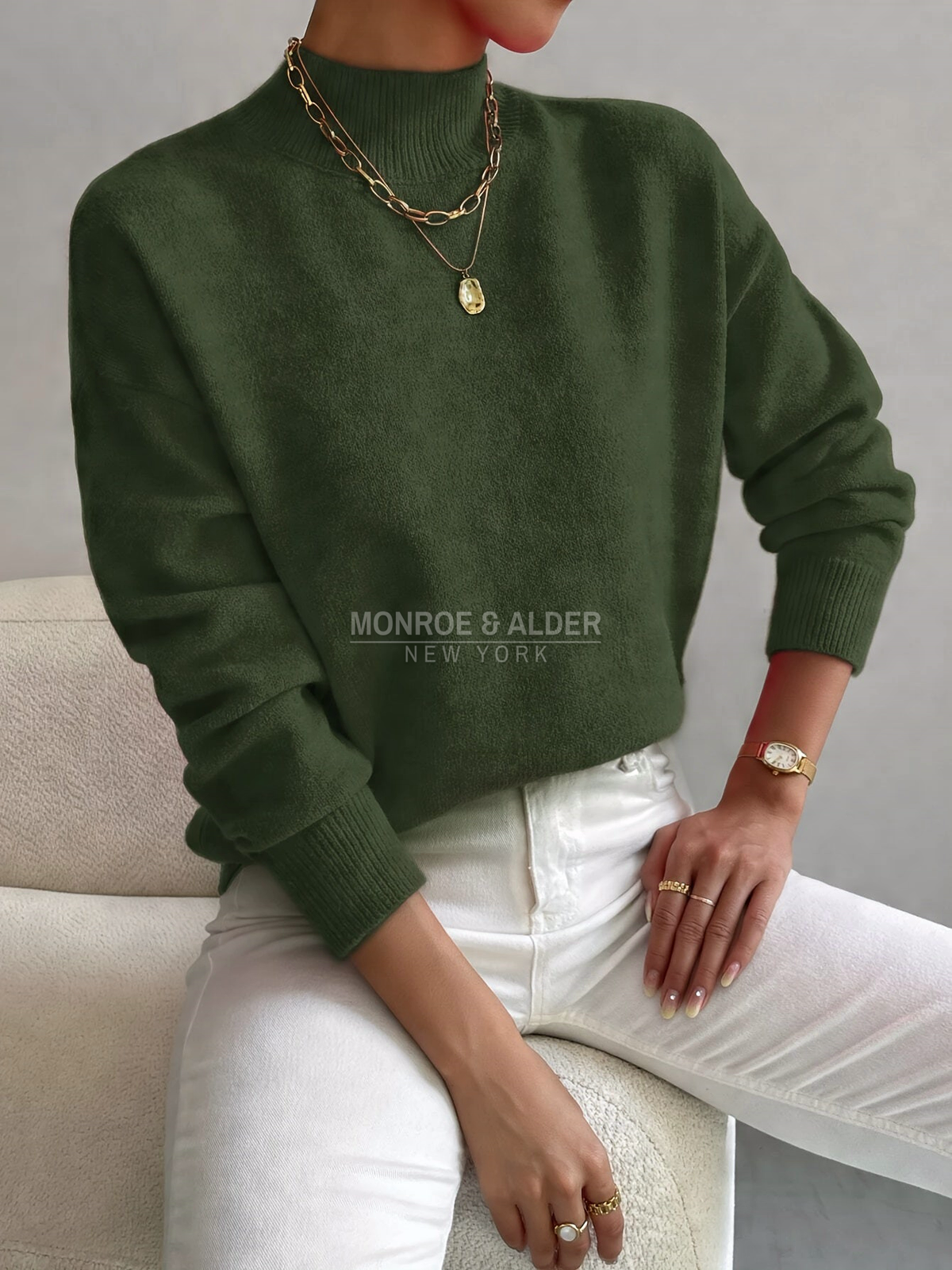 Helena soft mock neck sweater in olive green