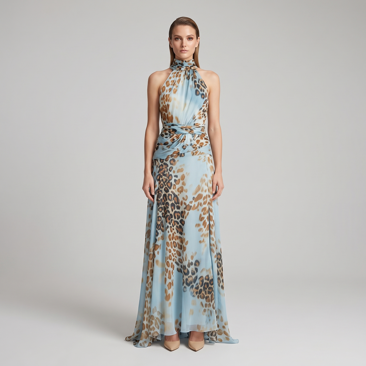Harlow leopard halter maxi dress, front view