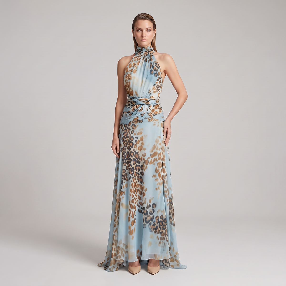 Harlow leopard halter maxi dress, three-quarter view
