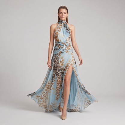 Harlow leopard halter maxi dress, walking with side slit