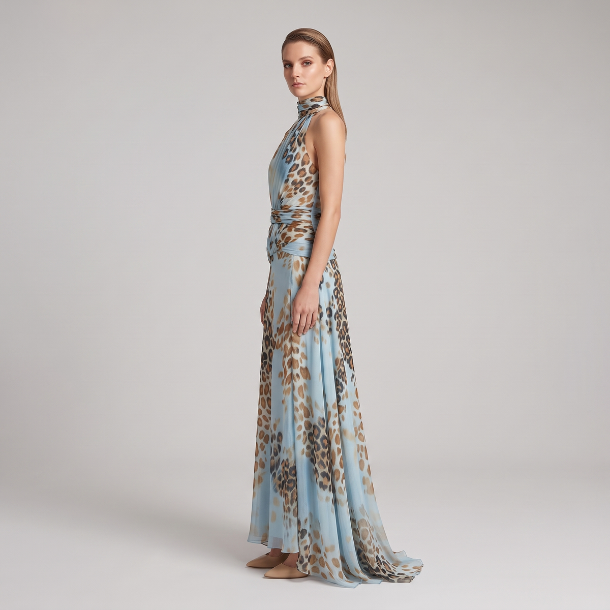 Harlow leopard halter maxi dress, side profile