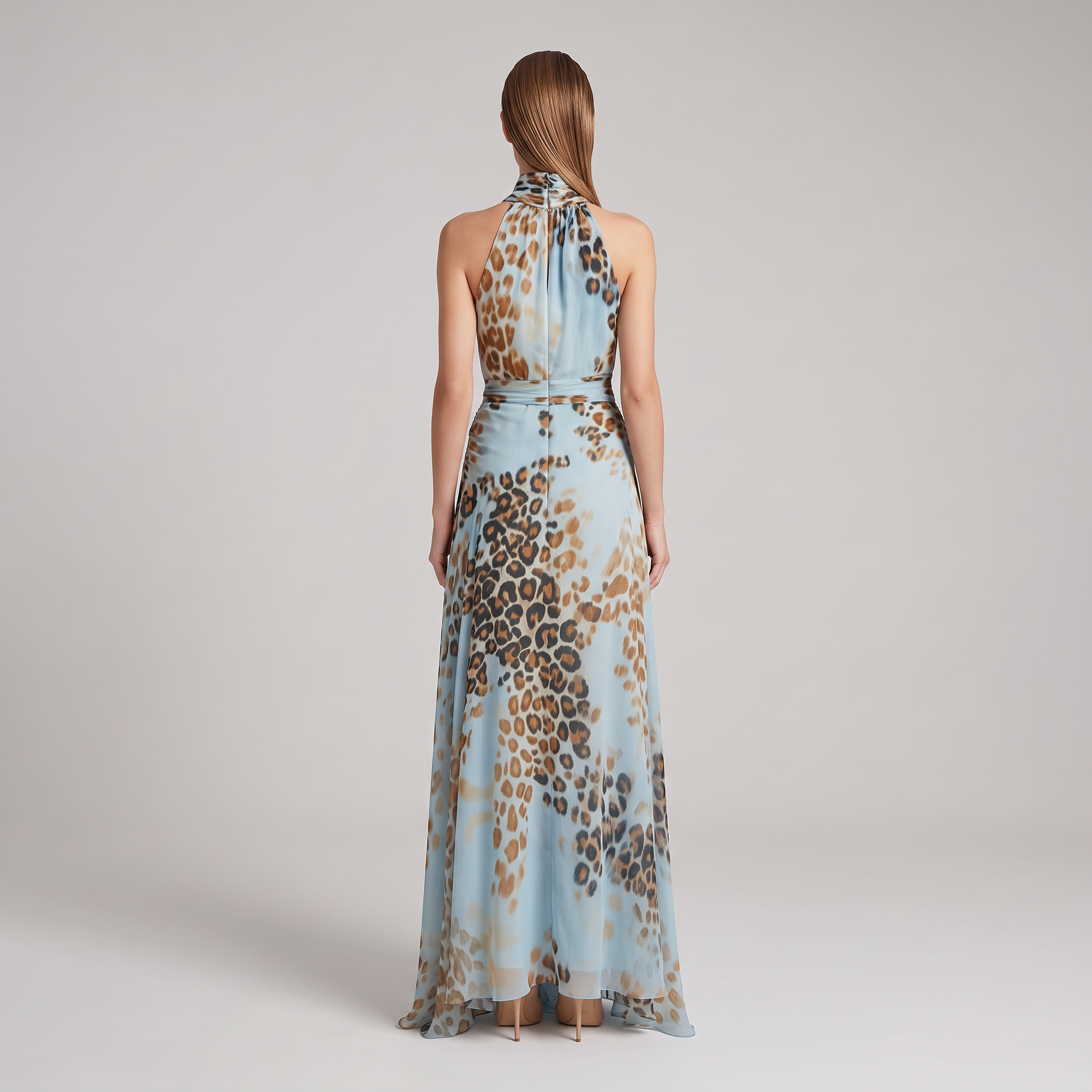 Harlow leopard halter maxi dress, back view showing open back and halter tie