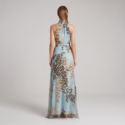 Harlow leopard halter maxi dress, back view showing open back and halter tie