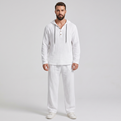 Man wearing the Everett white crinkle hooded henley and matching wide-leg pants, front view
