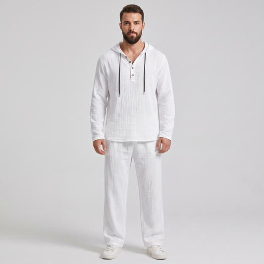 Man wearing the Everett white crinkle hooded henley and matching wide-leg pants, front view