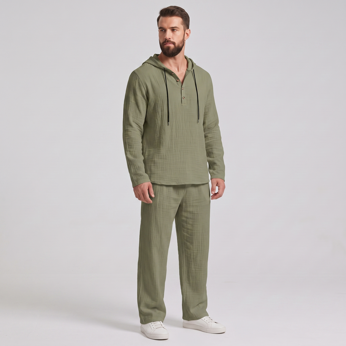 Everett crinkle hooded henley set in olive green, three-quarter view