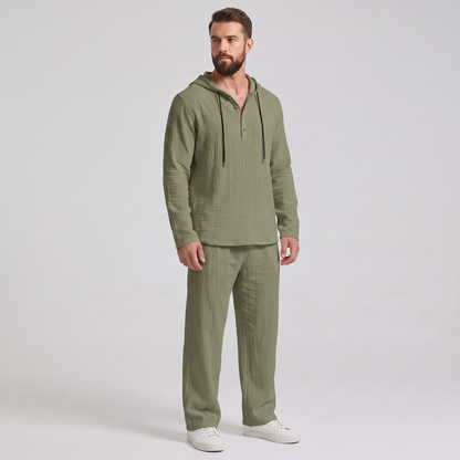Everett crinkle hooded henley set in olive green, three-quarter view