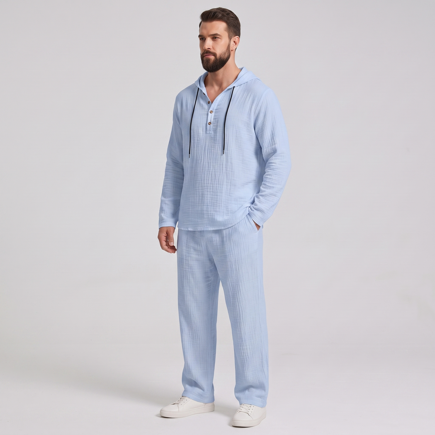 Everett crinkle hooded henley set in light blue, three-quarter view