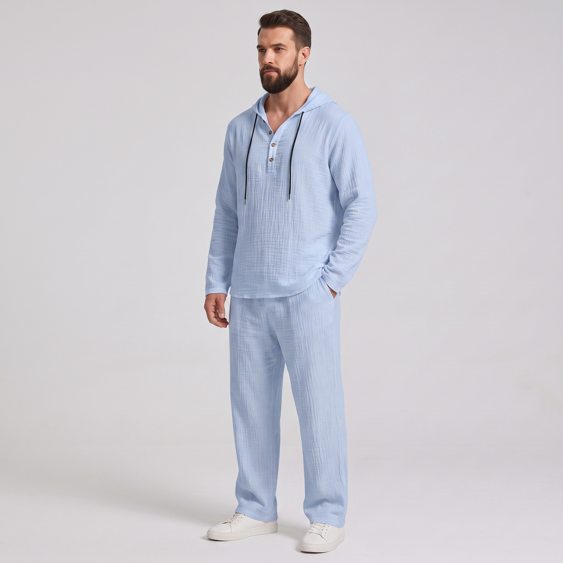 Everett crinkle hooded henley set in light blue, three-quarter view