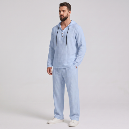 Everett crinkle hooded henley set in light blue, three-quarter view