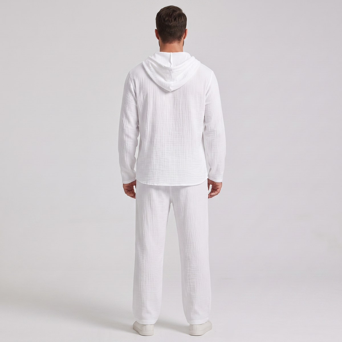 Everett white crinkle hooded henley set, back view showing the hood