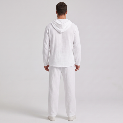 Everett white crinkle hooded henley set, back view showing the hood