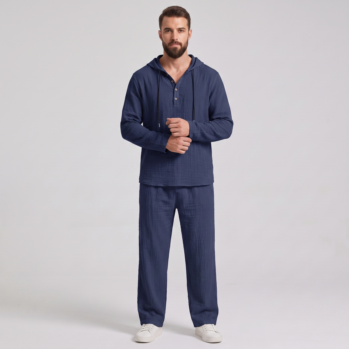 Everett crinkle hooded henley set in navy, front view