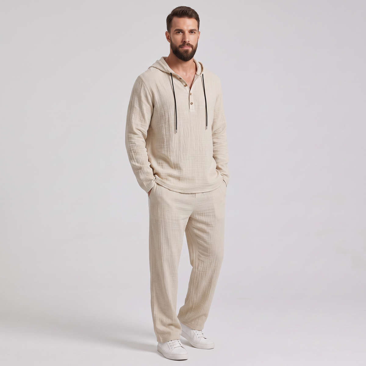 Everett crinkle hooded henley set in beige, three-quarter view