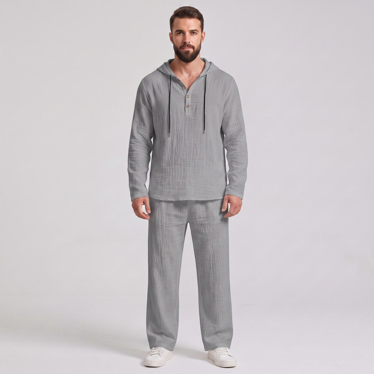 Everett crinkle hooded henley set in gray, front view