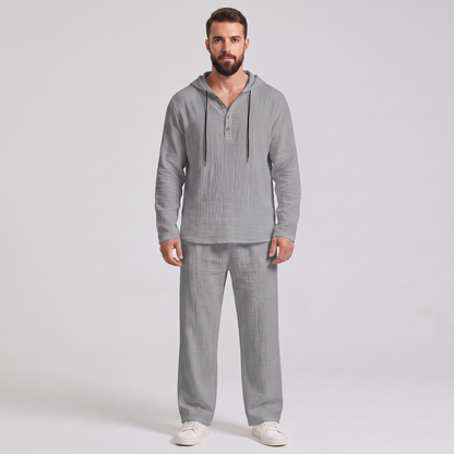 Everett crinkle hooded henley set in gray, front view