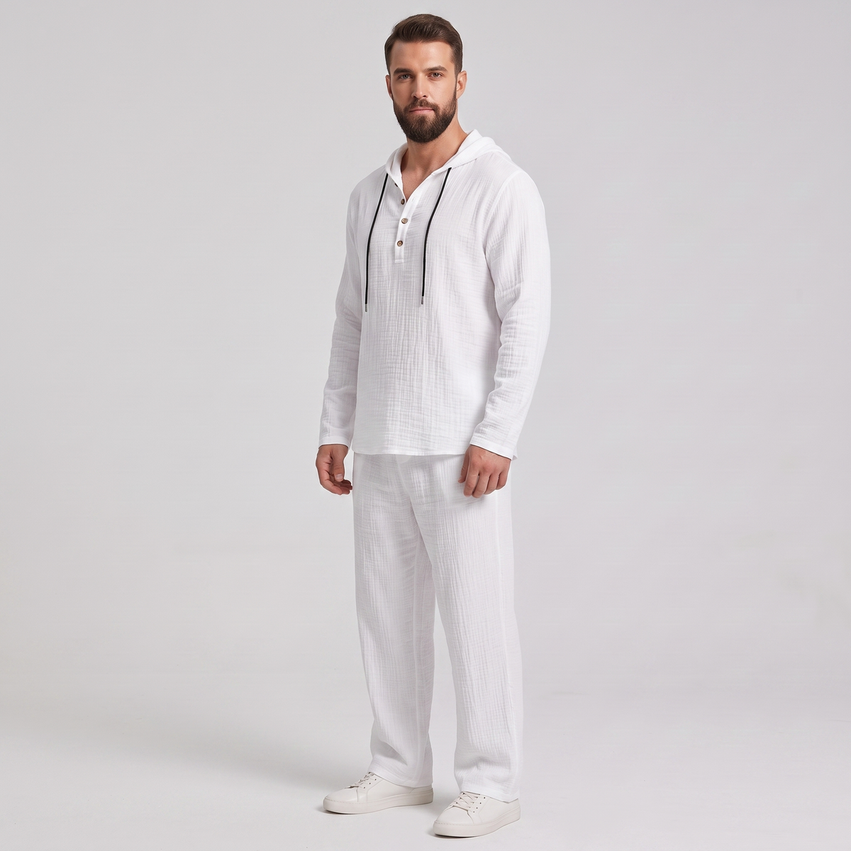 Everett white crinkle hooded henley set, side view showing the relaxed drape