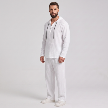 Everett white crinkle hooded henley set, side view showing the relaxed drape