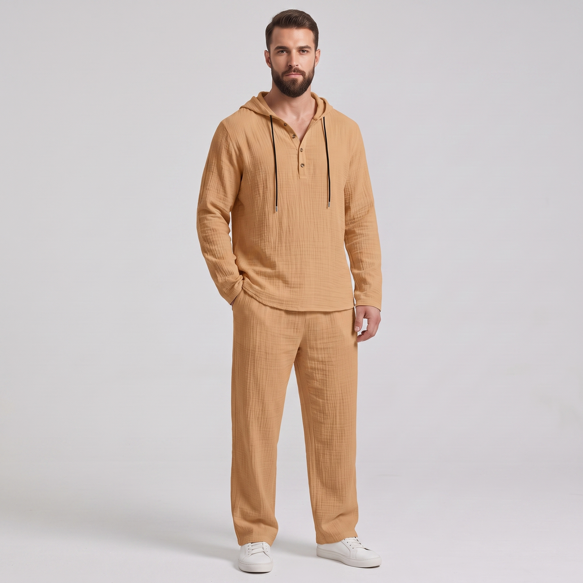 Everett crinkle hooded henley set in camel, front view