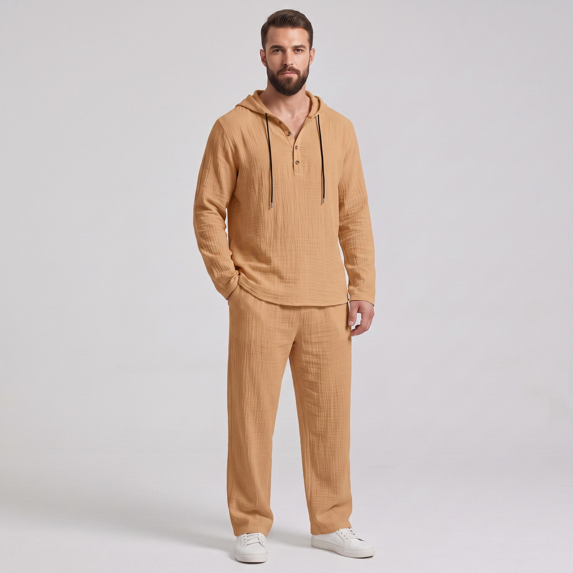 Everett crinkle hooded henley set in camel, front view