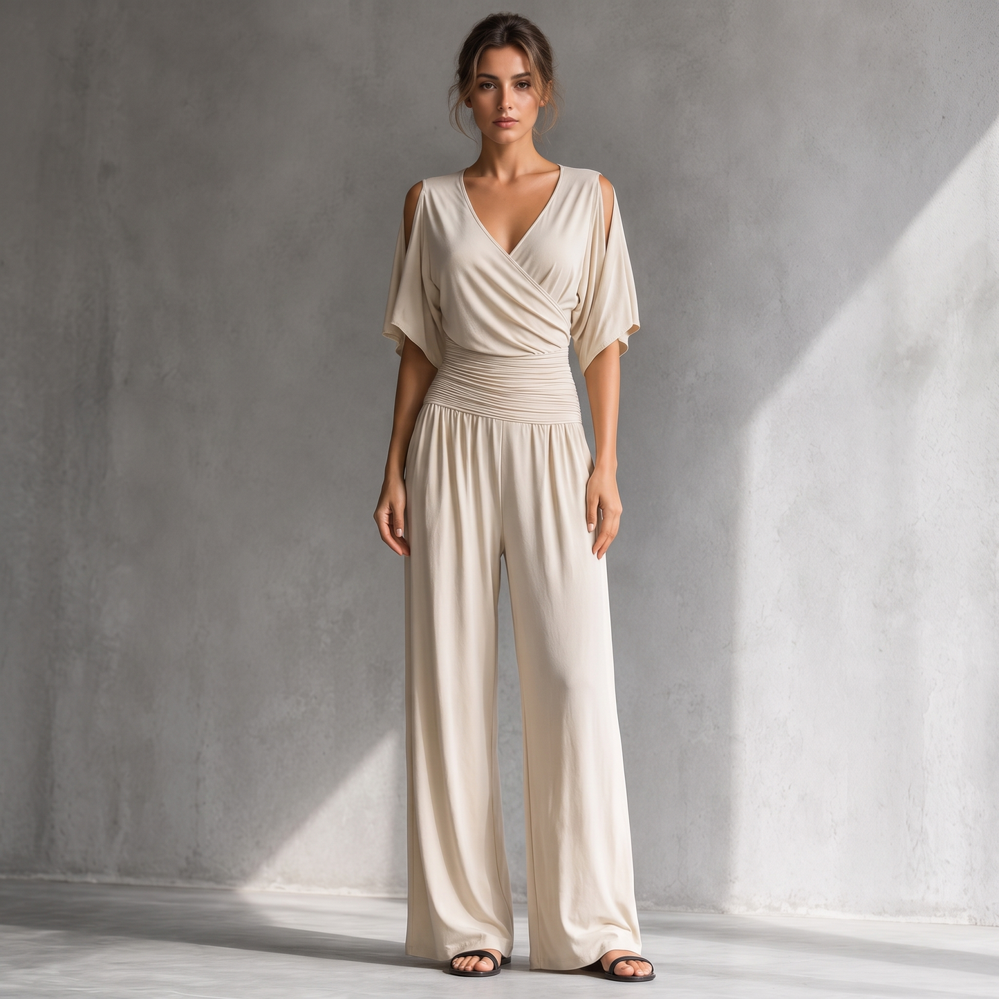 Georgia beige wrap-front cold-shoulder wide-leg jumpsuit, front view