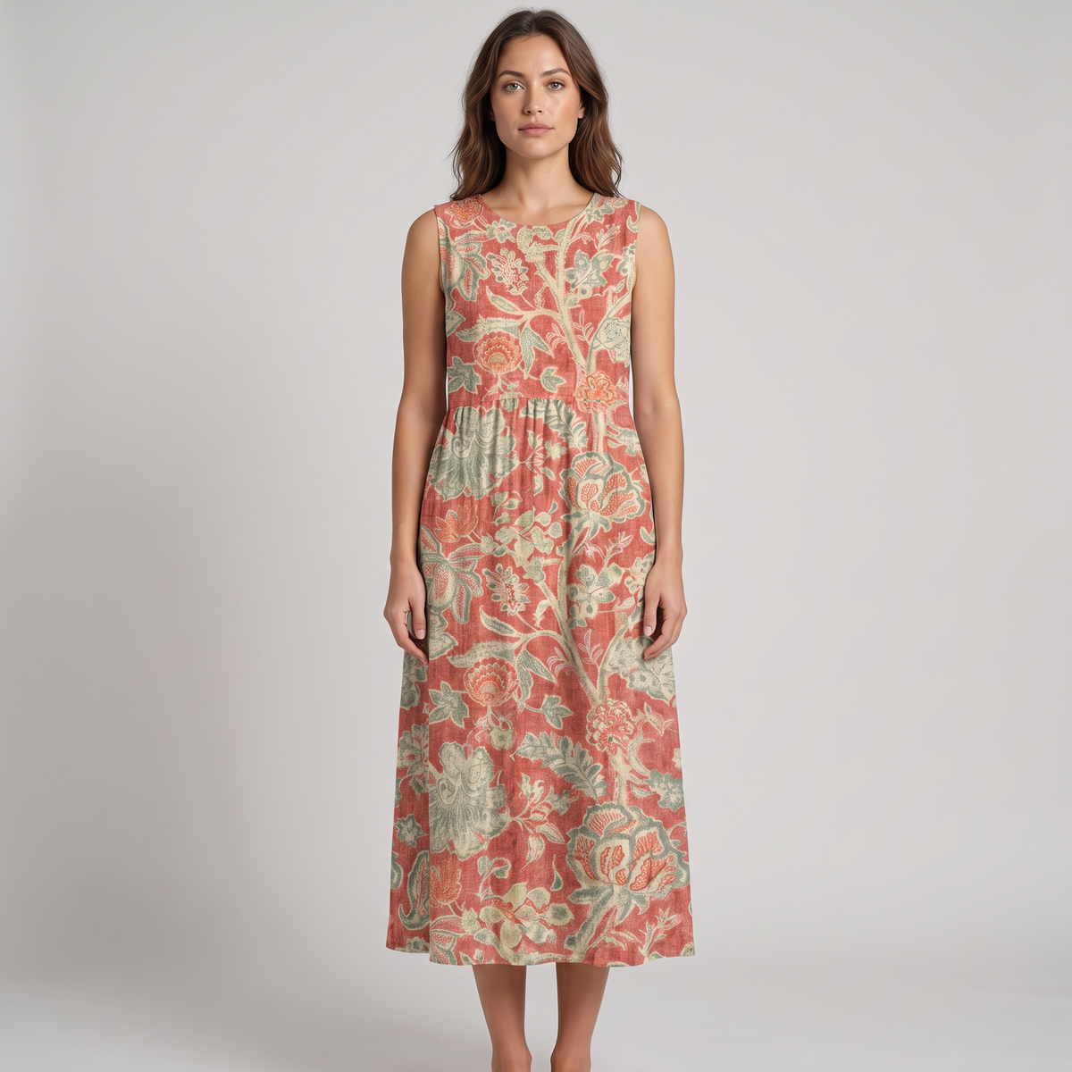 Charlotte sleeveless midi dress in coral floral, front view