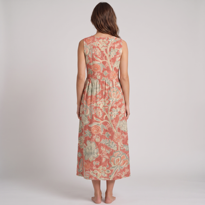 Charlotte sleeveless midi dress in coral floral, back view