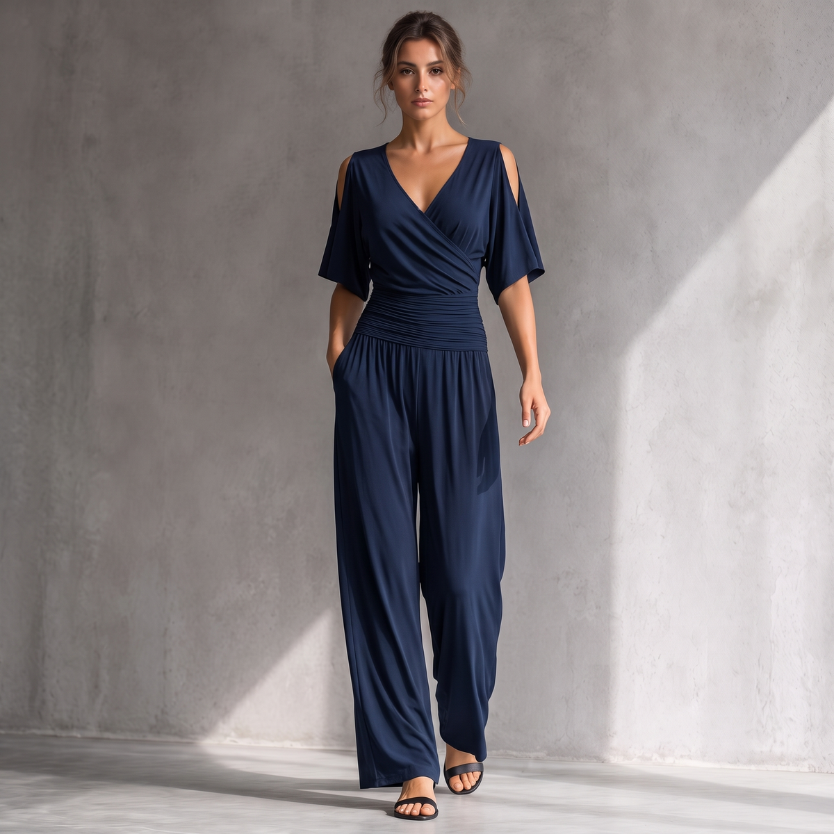 Georgia navy wrap-front cold-shoulder wide-leg jumpsuit