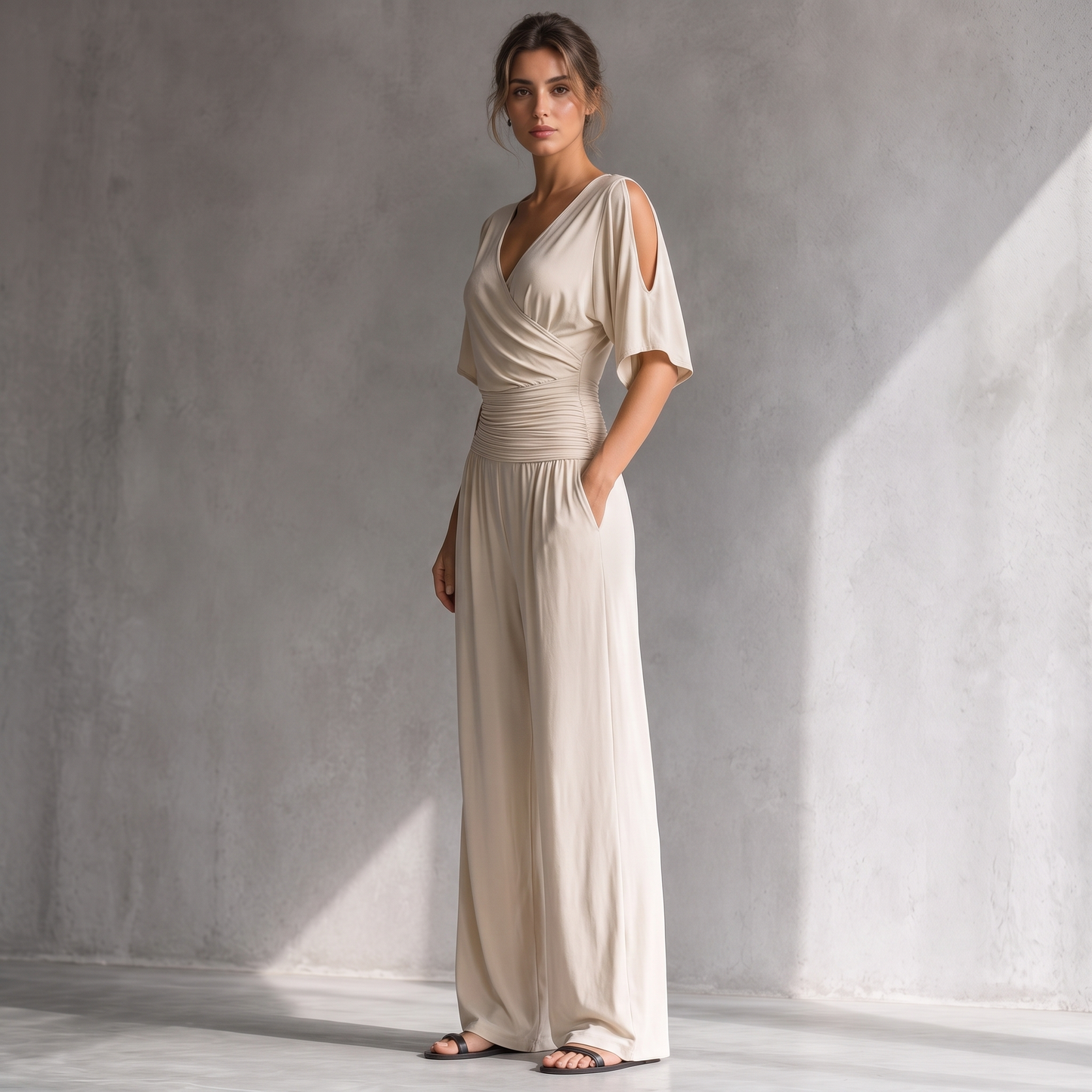 Georgia beige jumpsuit, side view showing the ruched waist and side pocket
