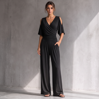 Georgia black wrap-front cold-shoulder wide-leg jumpsuit