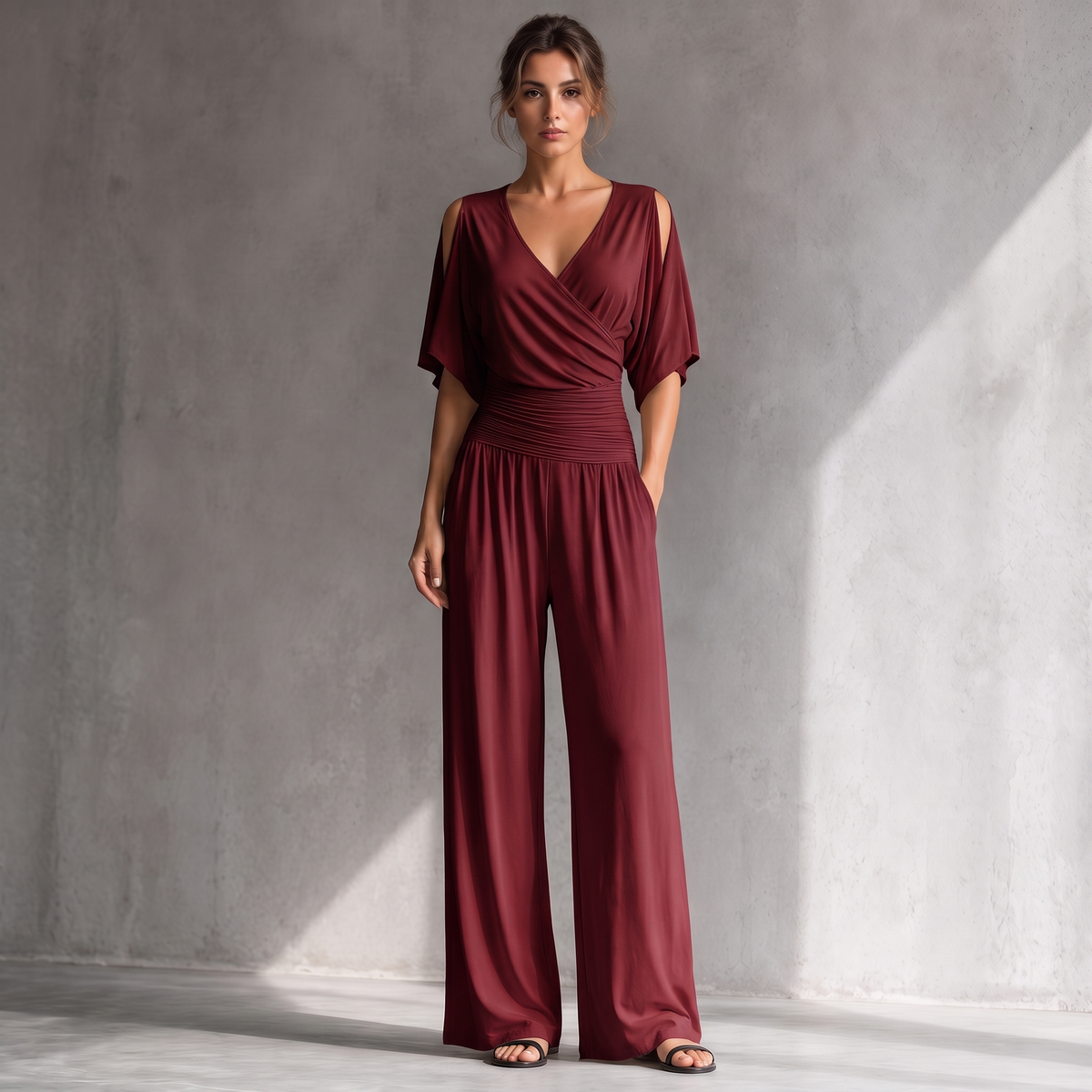 Georgia burgundy wrap-front cold-shoulder wide-leg jumpsuit