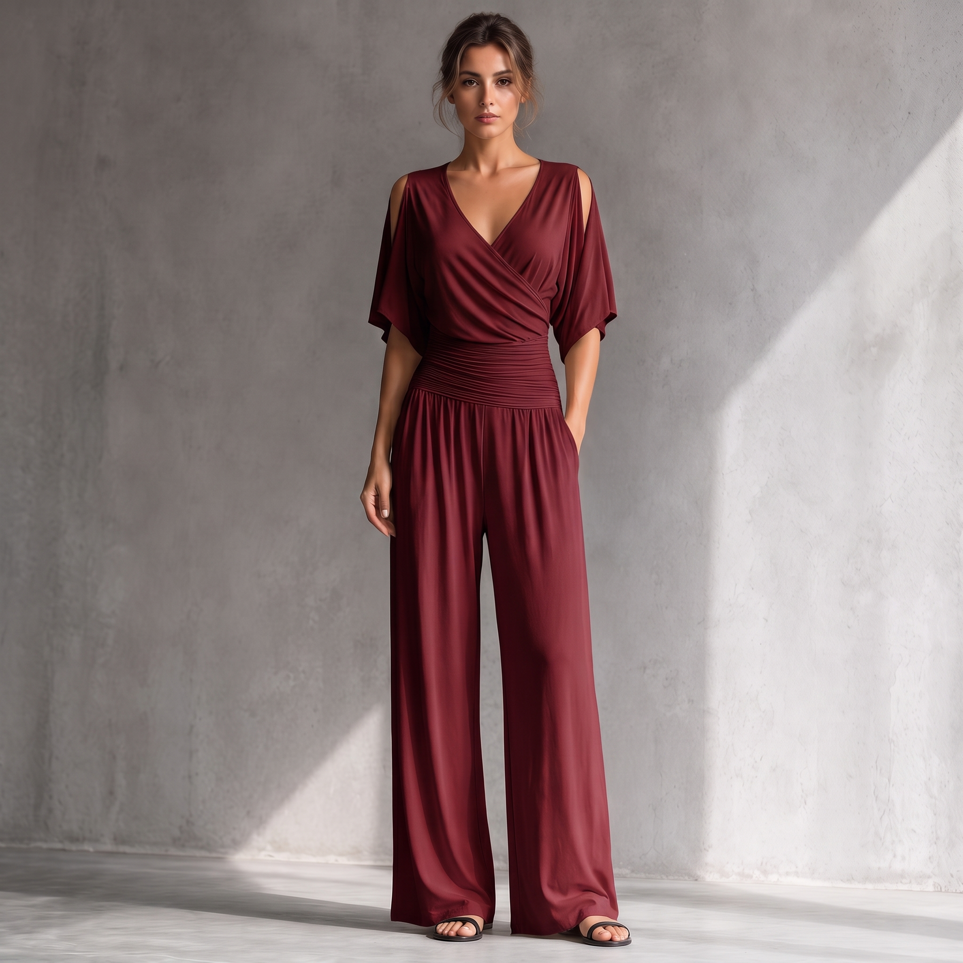 Georgia burgundy wrap-front cold-shoulder wide-leg jumpsuit