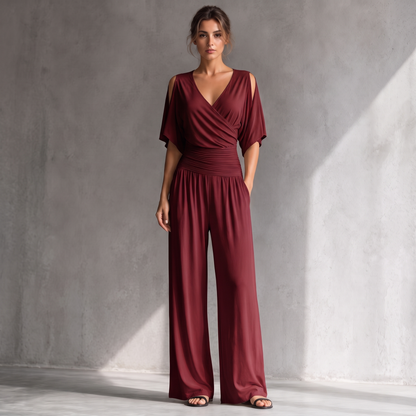 Georgia burgundy wrap-front cold-shoulder wide-leg jumpsuit