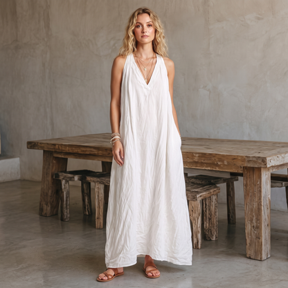 Avery linen-blend V-neck maxi dress in white, front view