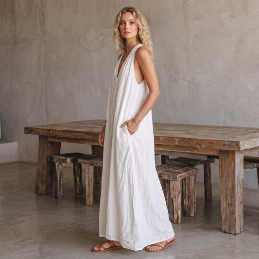 Avery linen-blend V-neck maxi dress in white, side view with a hand in the side-seam pocket